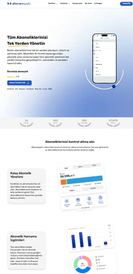 Abone Sepeti mobil web sitesi ekranı